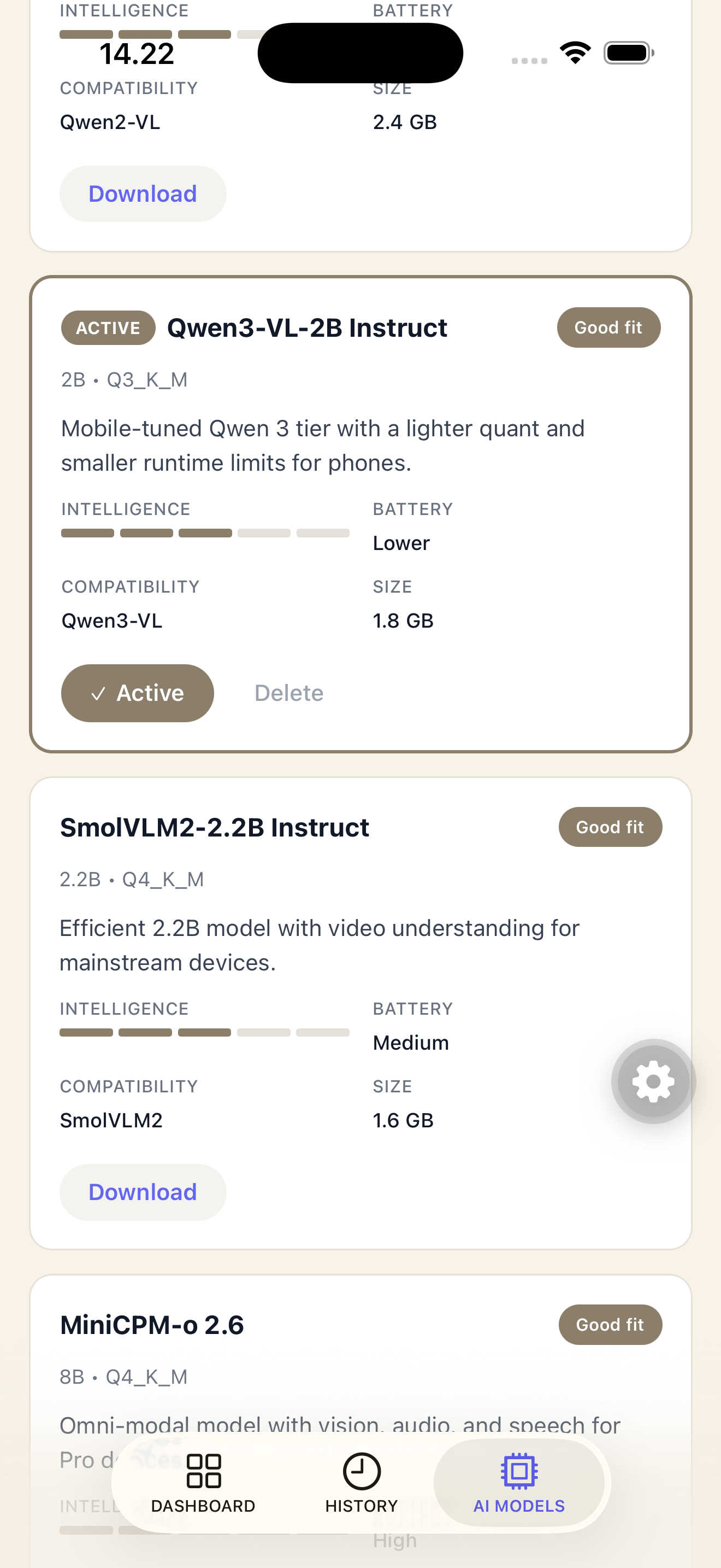 AI Models screen listing on-device models such as Qwen3-VL with active state and download options