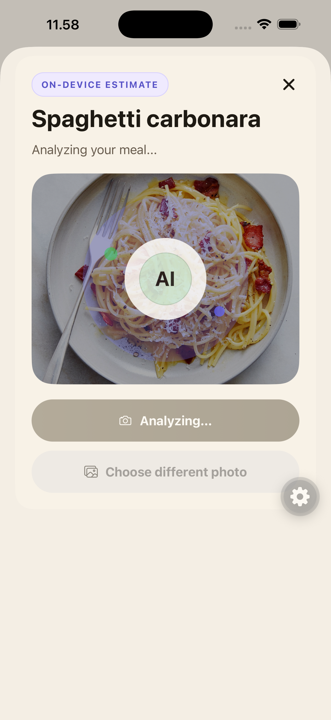 Meal analysis in progress with on-device estimate labeling