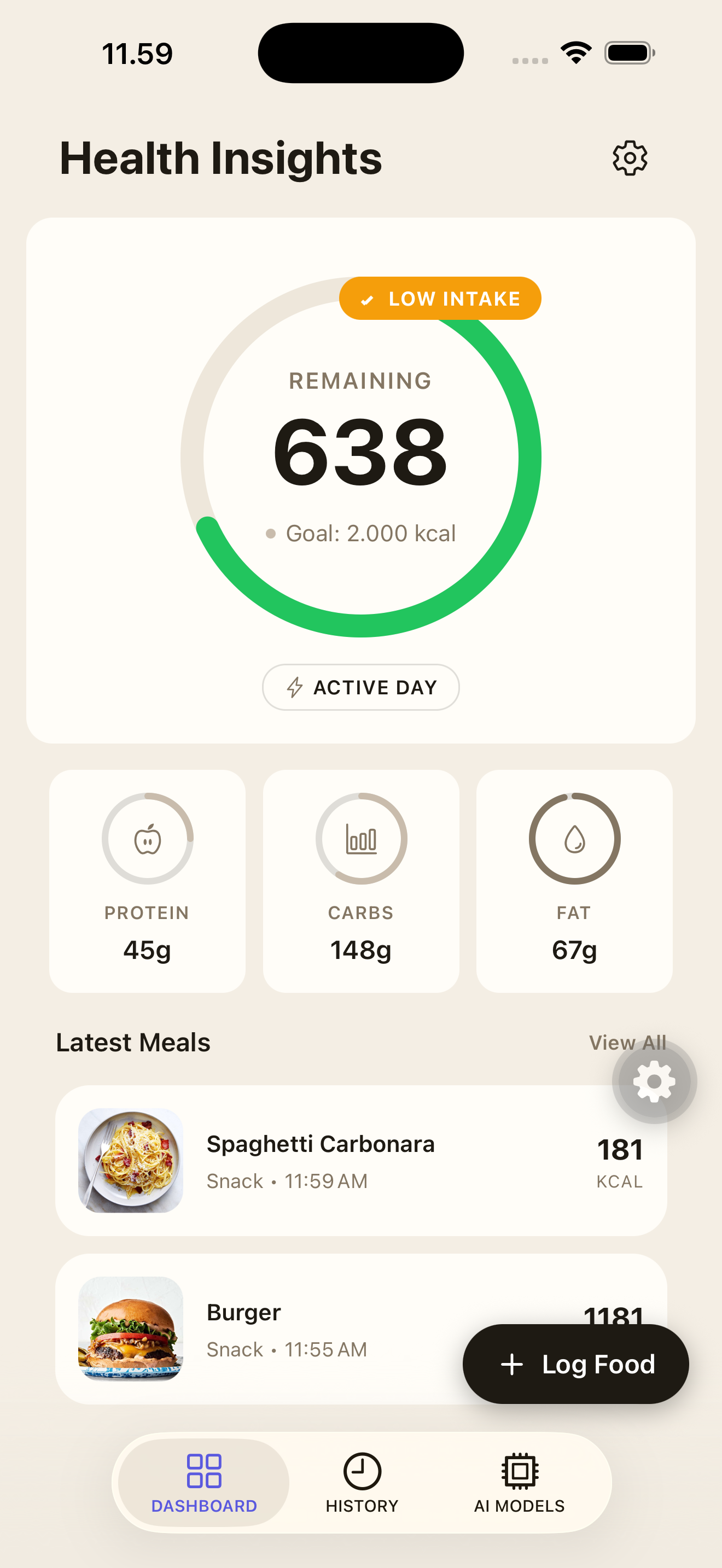 Health Insights dashboard with calorie ring, macro summaries, and latest logged meals