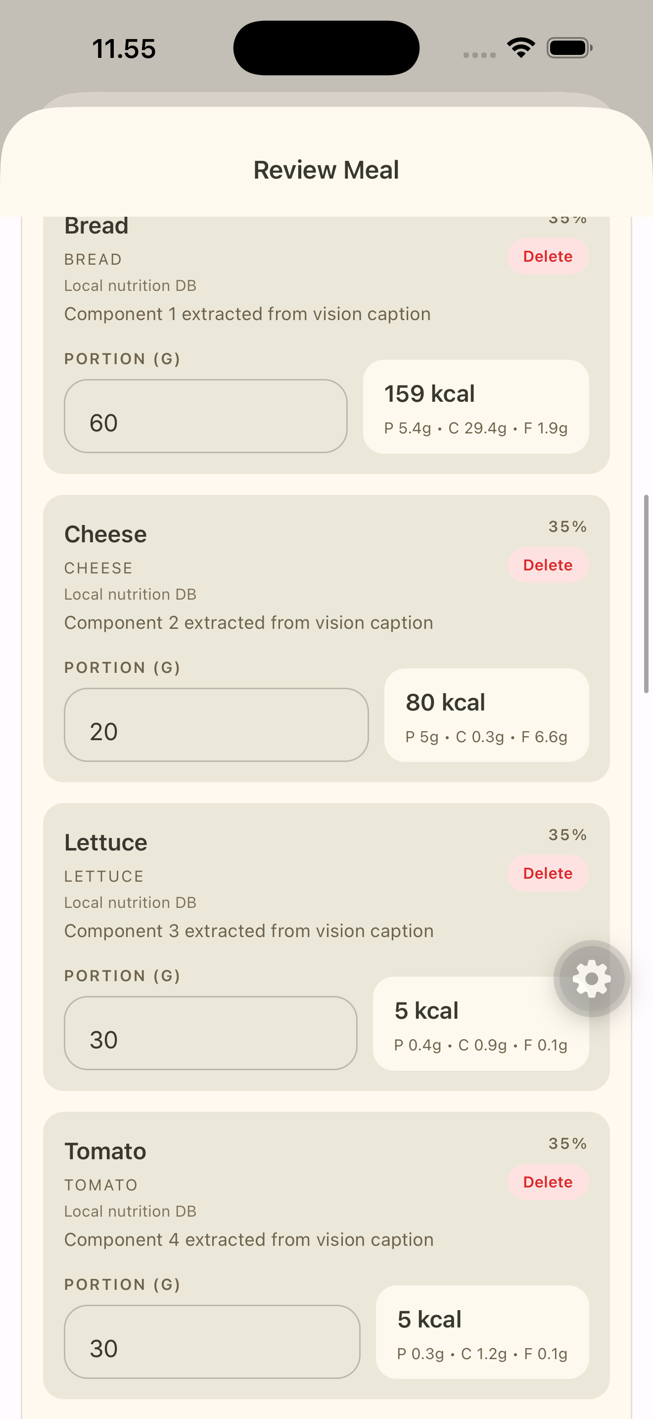 Per-ingredient cards with portions and macro breakdown